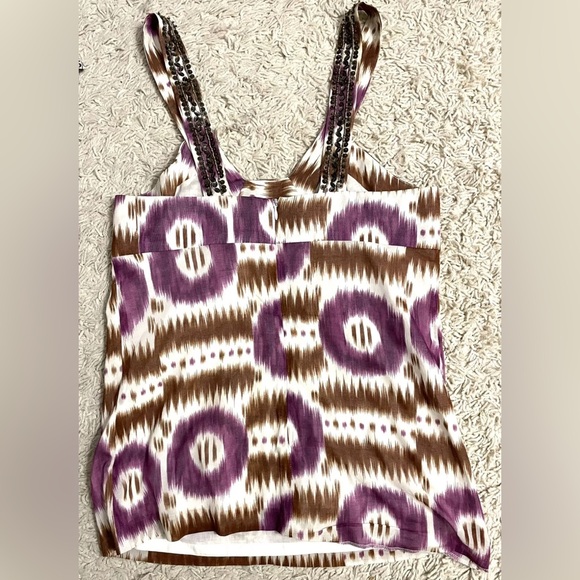 TRINA TURK purple brown white tie die sleeveless beaded shirt top blouse small s - Picture 6 of 6